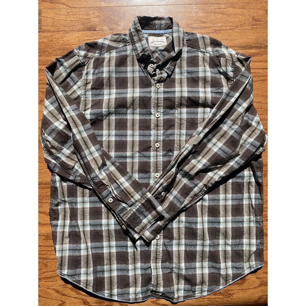 Tommy Bahama Denim Brown Blue Plaid Long Sleeve Button Up Shirt